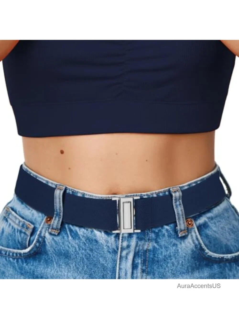 No Show Elastic Belt with Invisible Flat Buckle Stretch Web Strap for Jeans
